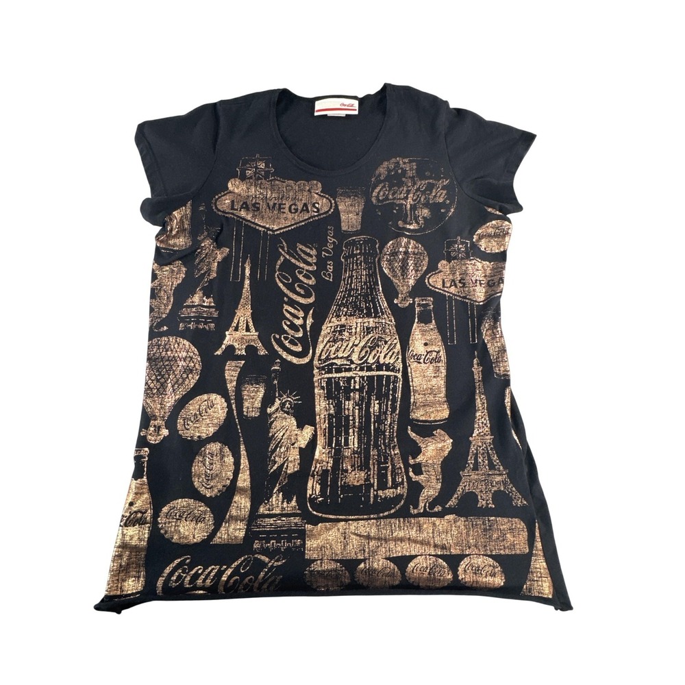 Coca-Cola Shirt Womens XL Black Gold USA Landmark Print Hot Air Balloon Tee Top